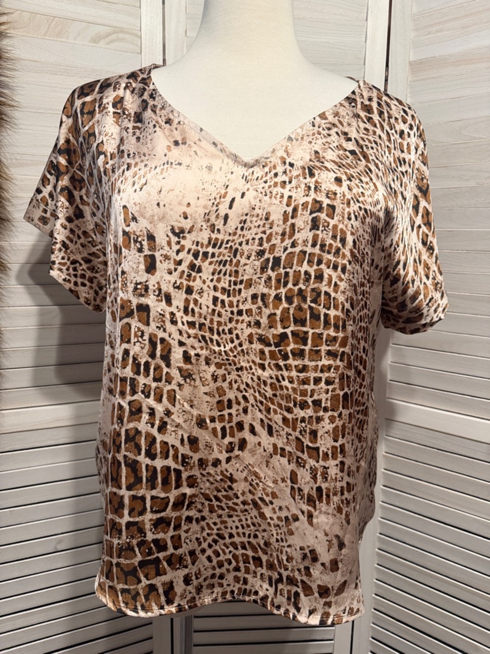 Satin-Like Animal Print V-Neck Top.  1X